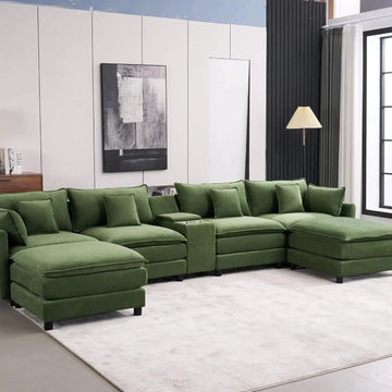 144'' U Shaped Modular Sectional Sofa in green upholstery with storage console, cupholders, and USB port. Features plush cushions for maximum comfort.