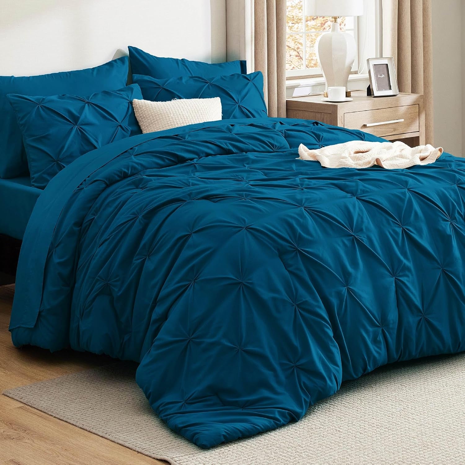 Bedsure Queen Comforter Set Grey - Bed in a Bag Queen Size 7 Pieces, GentleSoft™ Pintuck Bed Set Gift for Family, Pinch Pleat Grey Comforter with Sheets, Pillowcases & Shams