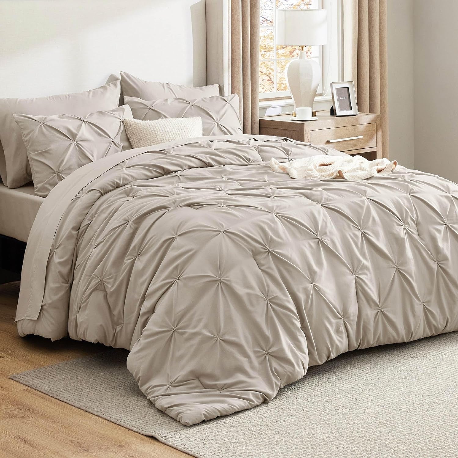 Bedsure Queen Comforter Set Grey - Bed in a Bag Queen Size 7 Pieces, GentleSoft™ Pintuck Bed Set Gift for Family, Pinch Pleat Grey Comforter with Sheets, Pillowcases & Shams