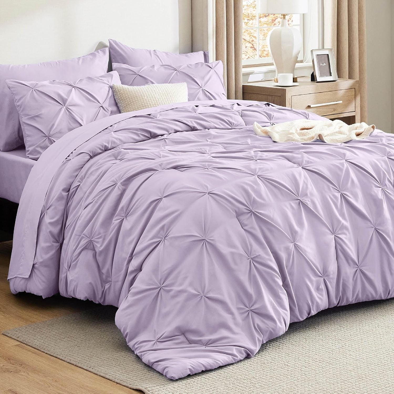 Bedsure Queen Comforter Set Grey - Bed in a Bag Queen Size 7 Pieces, GentleSoft™ Pintuck Bed Set Gift for Family, Pinch Pleat Grey Comforter with Sheets, Pillowcases & Shams