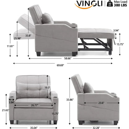 Sleeper Chair 3-in-1 Convertible Sofa Bed Adjustable Recliner Sofa Modern Pull Out Couch Bed with 2 USB Ports 2 Cup Holders