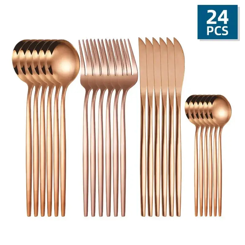 24-piece stainless steel golden cutlery set with a mirror finish, including forks, knives, and spoons. Elegant gold flatware for modern dining.