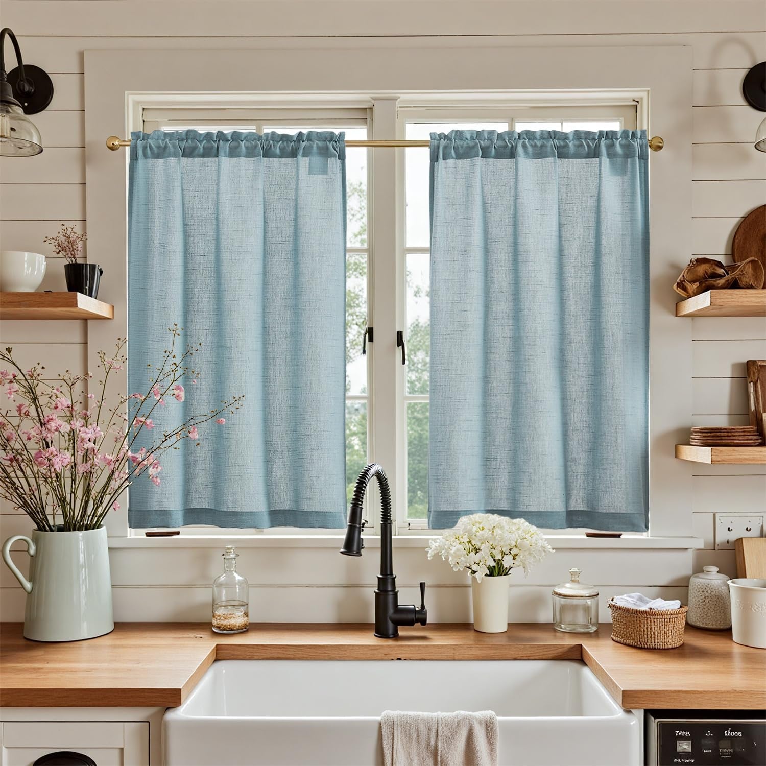 jinchan Linen Pinch Pleated Kitchen Curtains 24 Inch 2 Panels, Natural Linen Tier Curtains Back Tab Beige Farmhouse Cafe, Light Filtering Small Window Drapes for Bathroom Laundry Room Beige