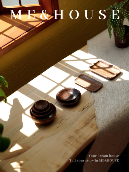 Mini Dollhouse Furniture Set - 1:6 solid wood bowls, plates, and trays arranged on a wooden table. Perfect for Bjd and Lol doll accessories.