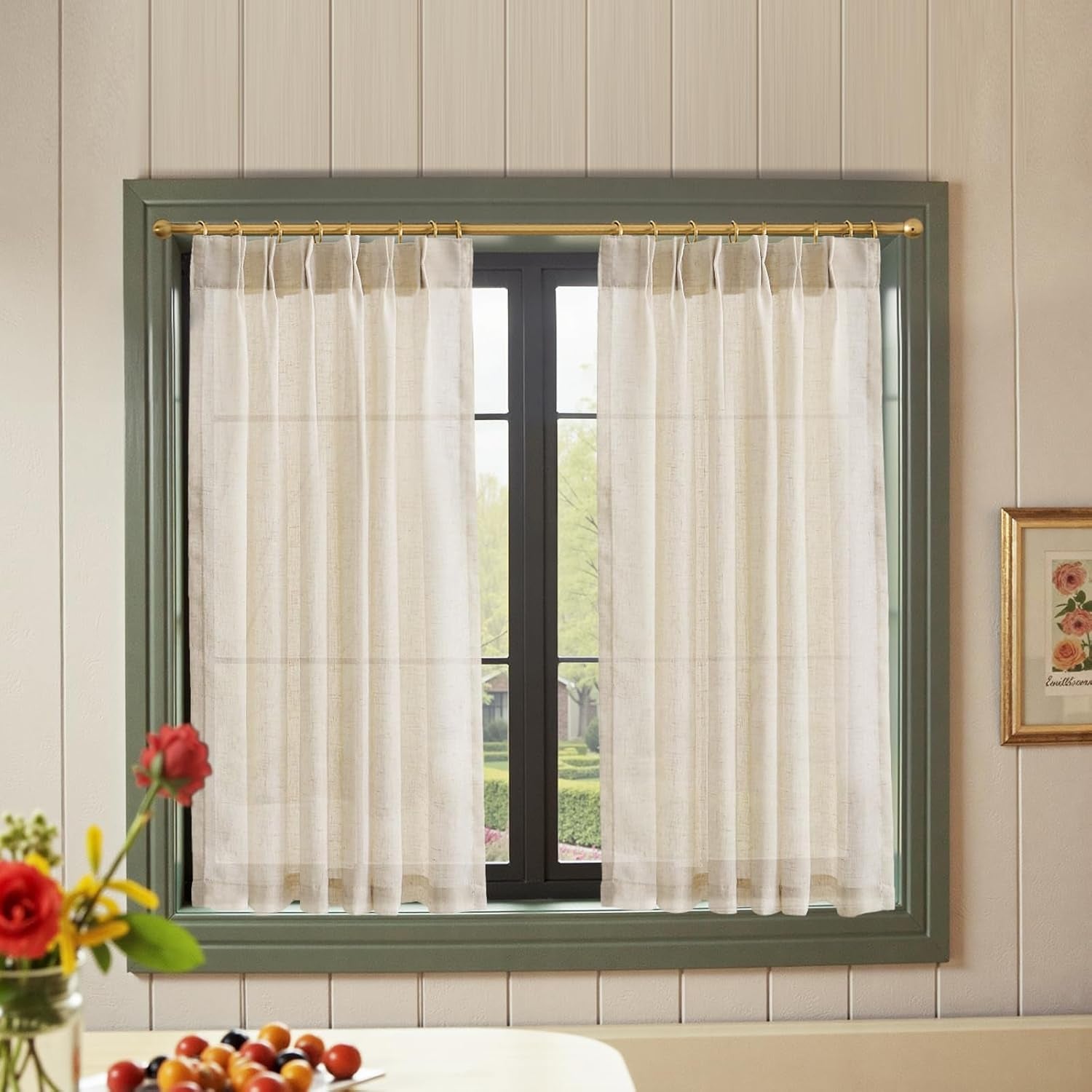 jinchan Linen Pinch Pleated Kitchen Curtains 24 Inch 2 Panels, Natural Linen Tier Curtains Back Tab Beige Farmhouse Cafe, Light Filtering Small Window Drapes for Bathroom Laundry Room Beige