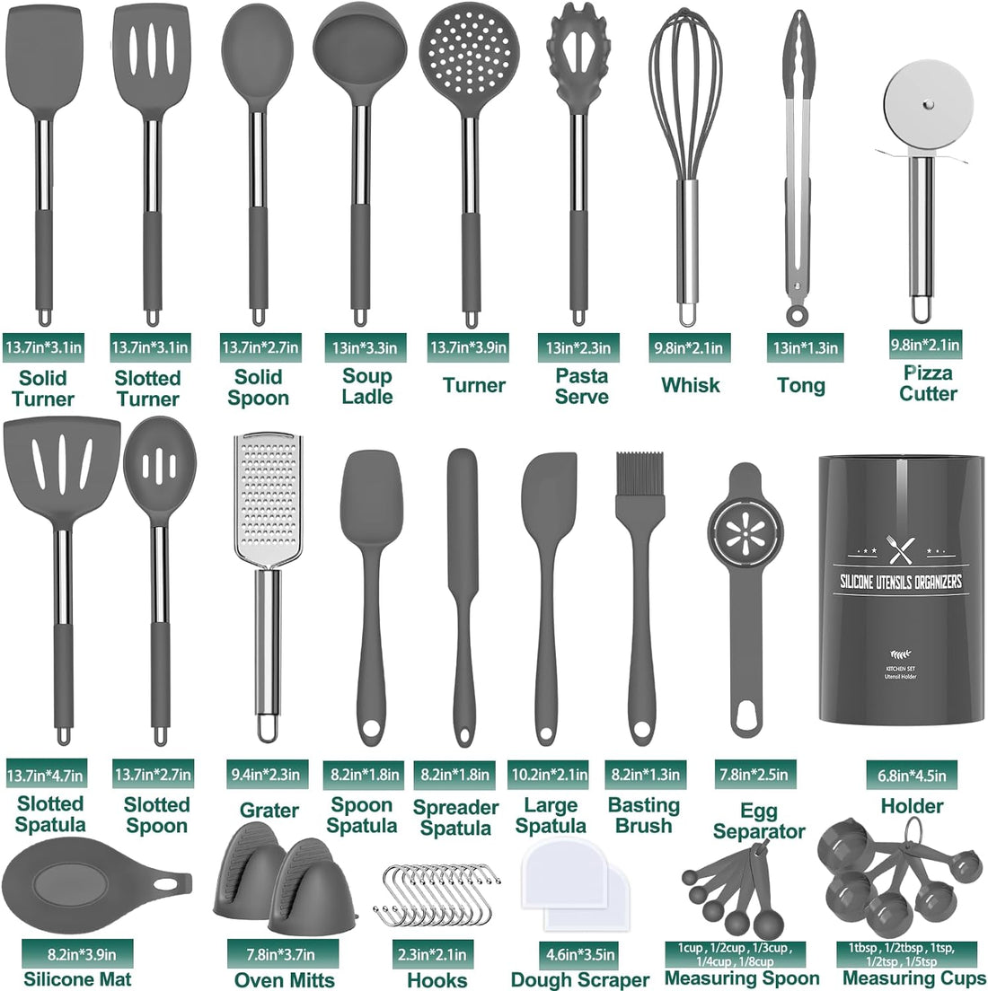 Umite Chef Silicone Kitchen Cooking Utensil Set, 43 pcs Silicone Spatula with Stainless Steel Handle, Non-stick Heat Resistant - Best Cookware (Grey)