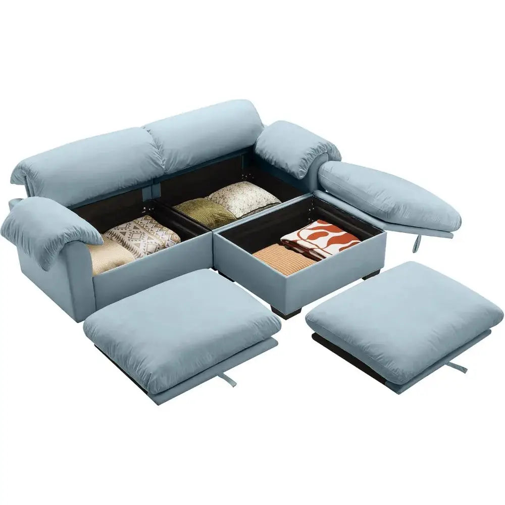 Velvet loveseat sofa with deep seating and storage ottoman in a modern living room. Plush upholstered design offers comfort and style.