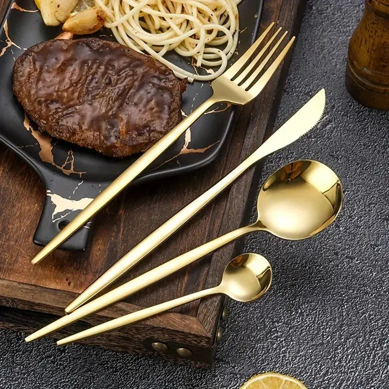 24-piece stainless steel golden cutlery set with a mirror finish, including forks, knives, and spoons. Elegant gold flatware for modern dining.