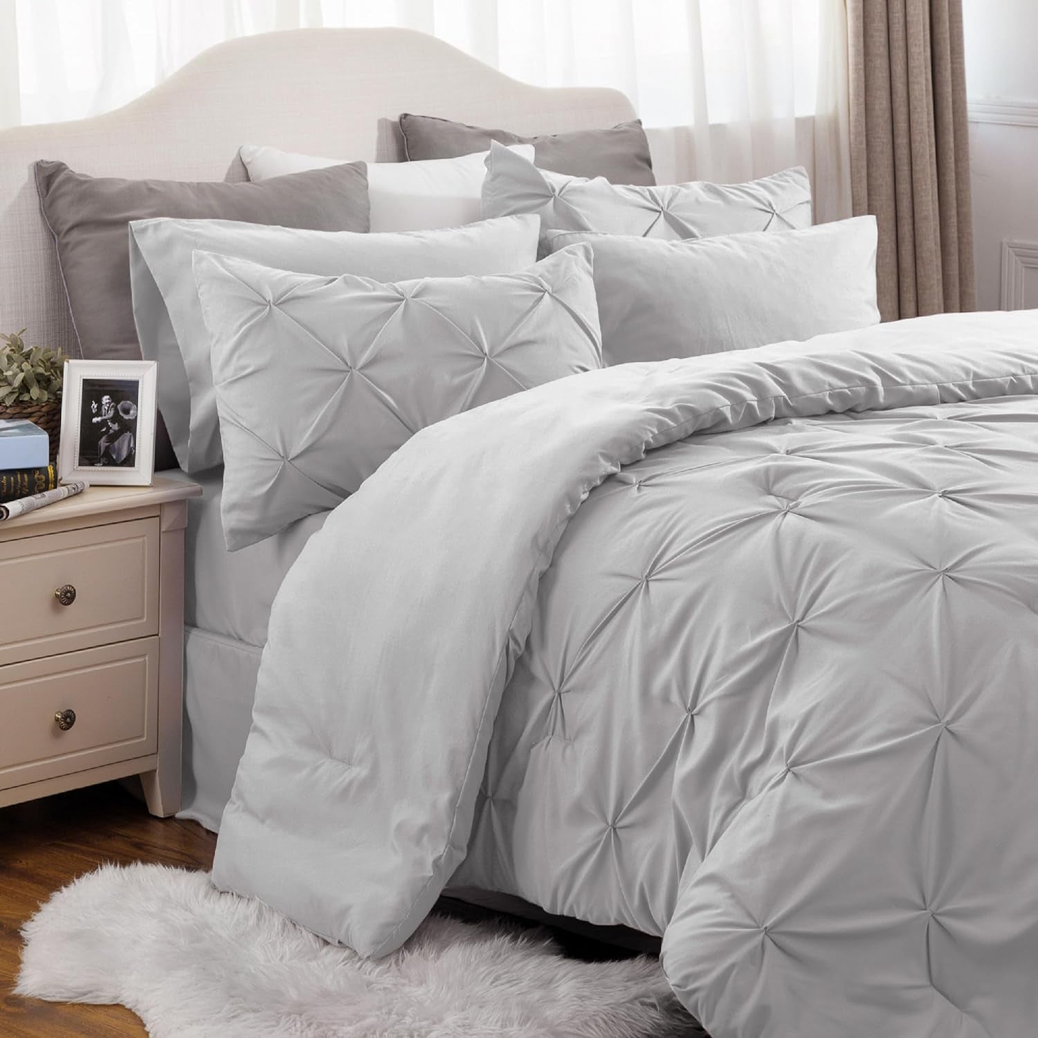 Bedsure Queen Comforter Set Grey - Bed in a Bag Queen Size 7 Pieces, GentleSoft™ Pintuck Bed Set Gift for Family, Pinch Pleat Grey Comforter with Sheets, Pillowcases & Shams