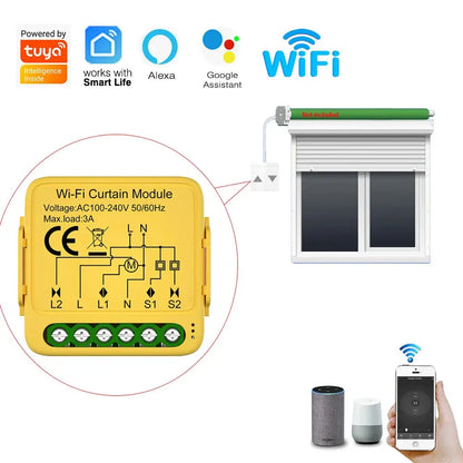 Tuya Smart Life WiFi Curtain Module enables app remote control for roller shutters and blinds via smartphone, compatible with Google Home and Alexa.