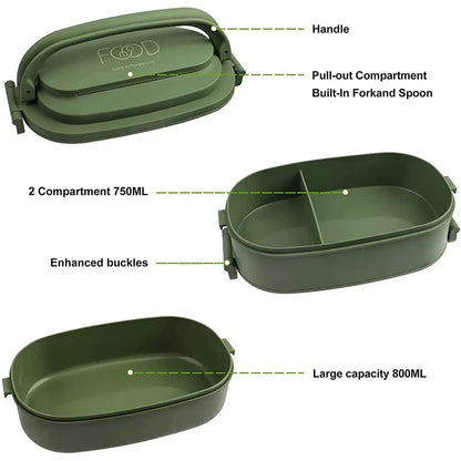 Green leakproof bento lunch box with cutlery set for kids and adults, placed on a kitchen counter. Durable, non-toxic, and safe for daily use.