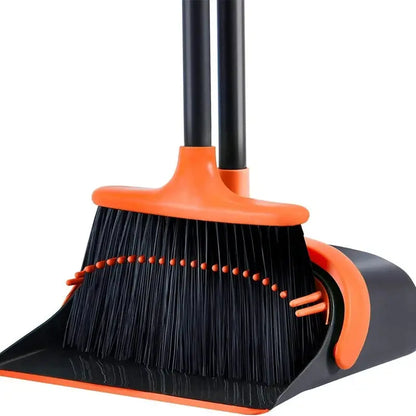 Broom and dustpan set with a 52-inch long handle, featuring a flexible rubber lip for efficient sweeping. Ideal for home cleaning with a standing dustpan.