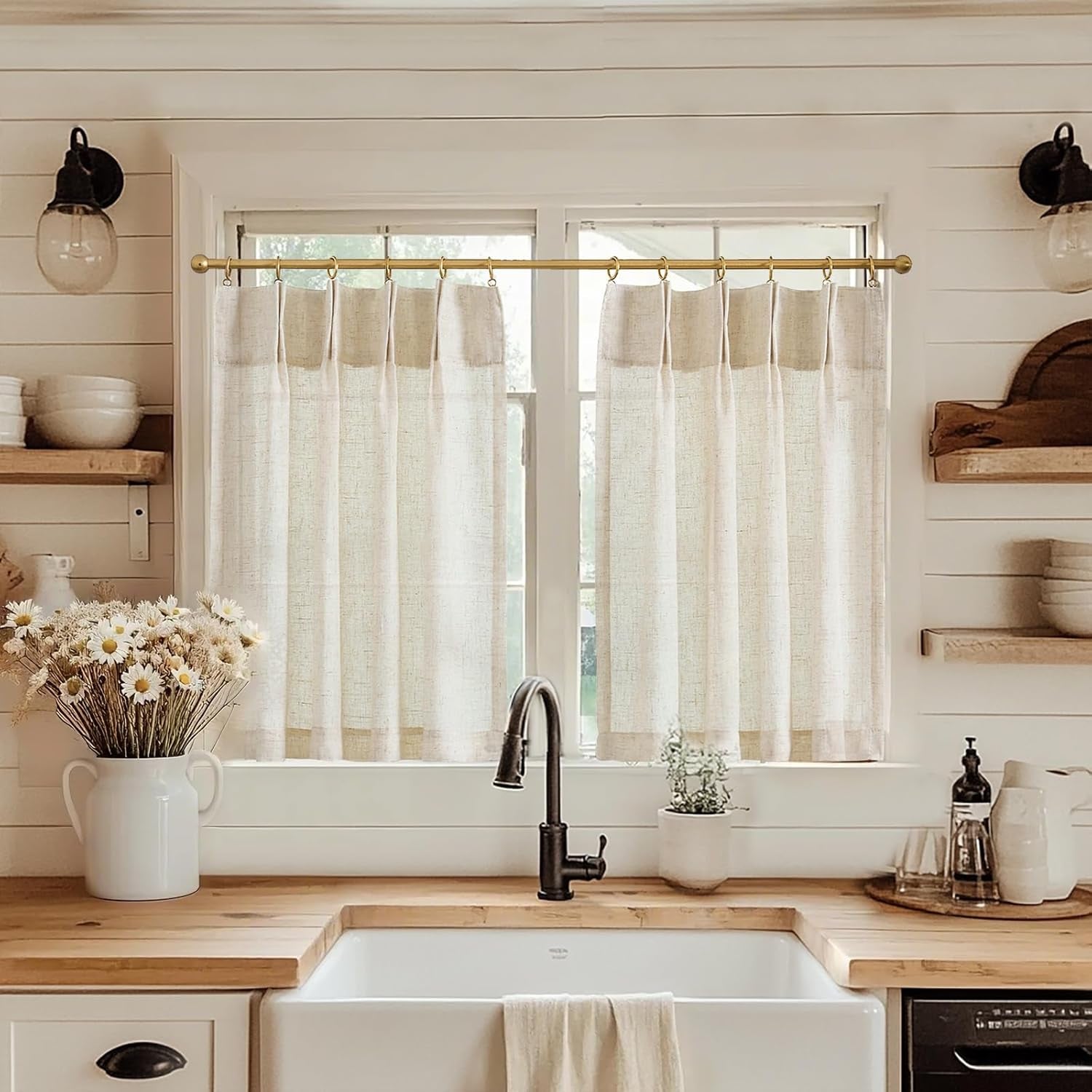 jinchan Linen Pinch Pleated Kitchen Curtains 24 Inch 2 Panels, Natural Linen Tier Curtains Back Tab Beige Farmhouse Cafe, Light Filtering Small Window Drapes for Bathroom Laundry Room Beige