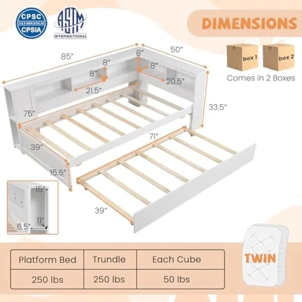 Twin Daybed with Trundle, Wood Twin Bed Frames with Storage Headboard, Reversible Bookcase, Bedside Shelves & Wooden Slats